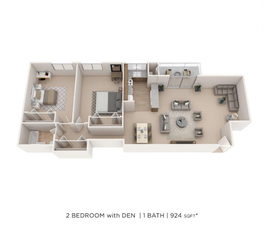 Floor plan for 2 beds, 1 bath, 924 sqft