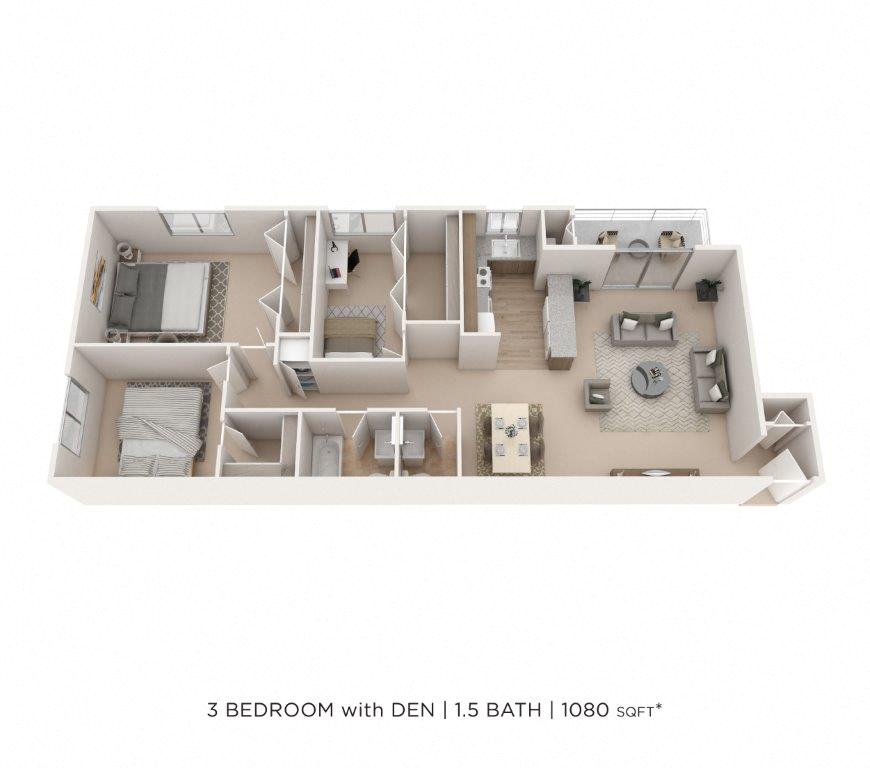 Floor plan for 3 beds, 1.5 baths, 1080 sqft