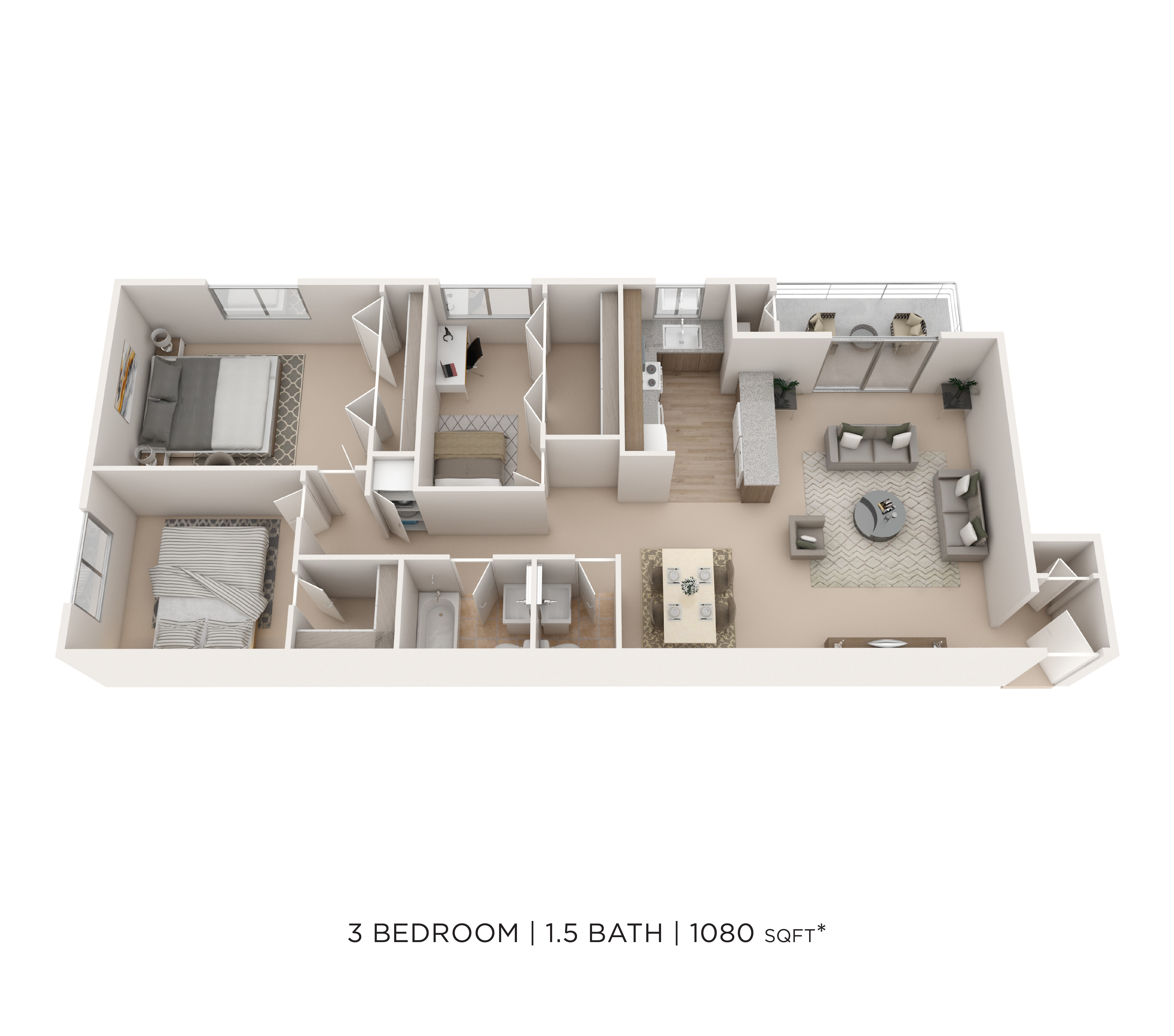 Floor plan for 3 beds, 1.5 baths, 1080 sqft