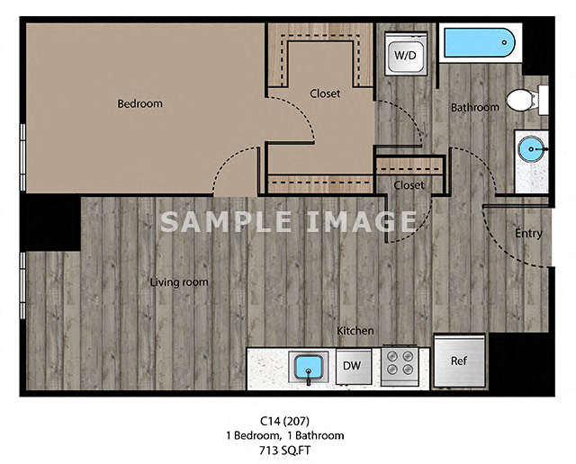 Floor plan for 1 bed, 1 bath, 677 sqft