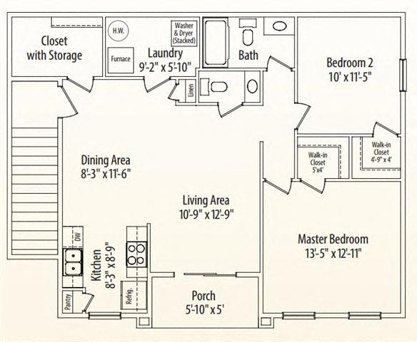 Floor plan for 2 beds, 1.5 baths, 1063 sqft