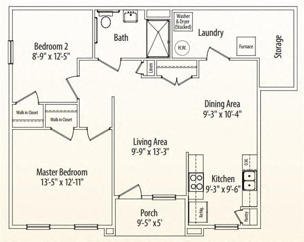 Floor plan for 2 beds, 1 bath, 1085 sqft