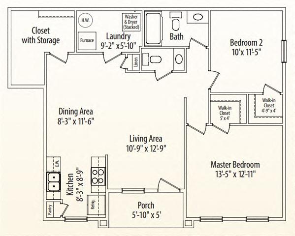 Floor plan for 2 beds, 1.5 baths, 1085 sqft