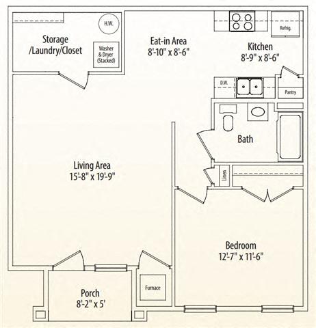 Floor plan for 1 bed, 1 bath, 879 sqft