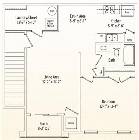 Floor plan for 1 bed, 1 bath, 821 sqft
