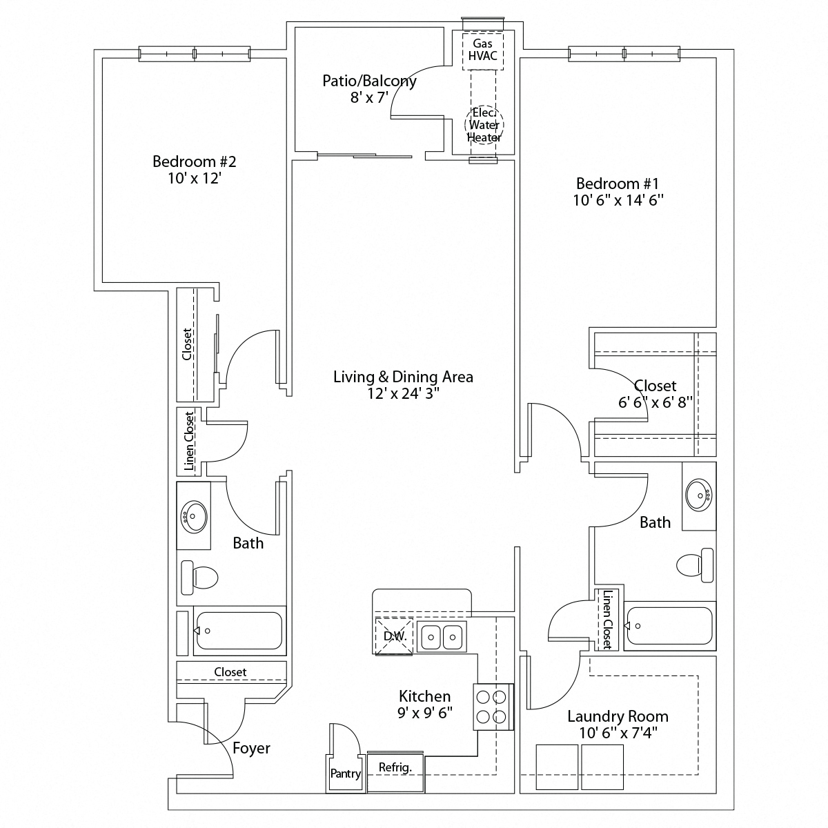 Floor plan for 2 beds, 2 baths, 1202 sqft