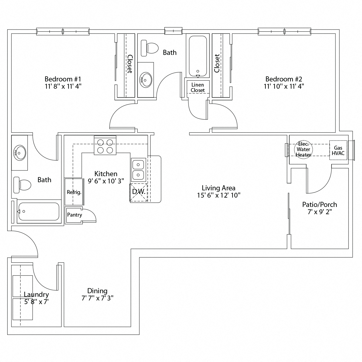 Floor plan for 2 beds, 2 baths, 1014 sqft