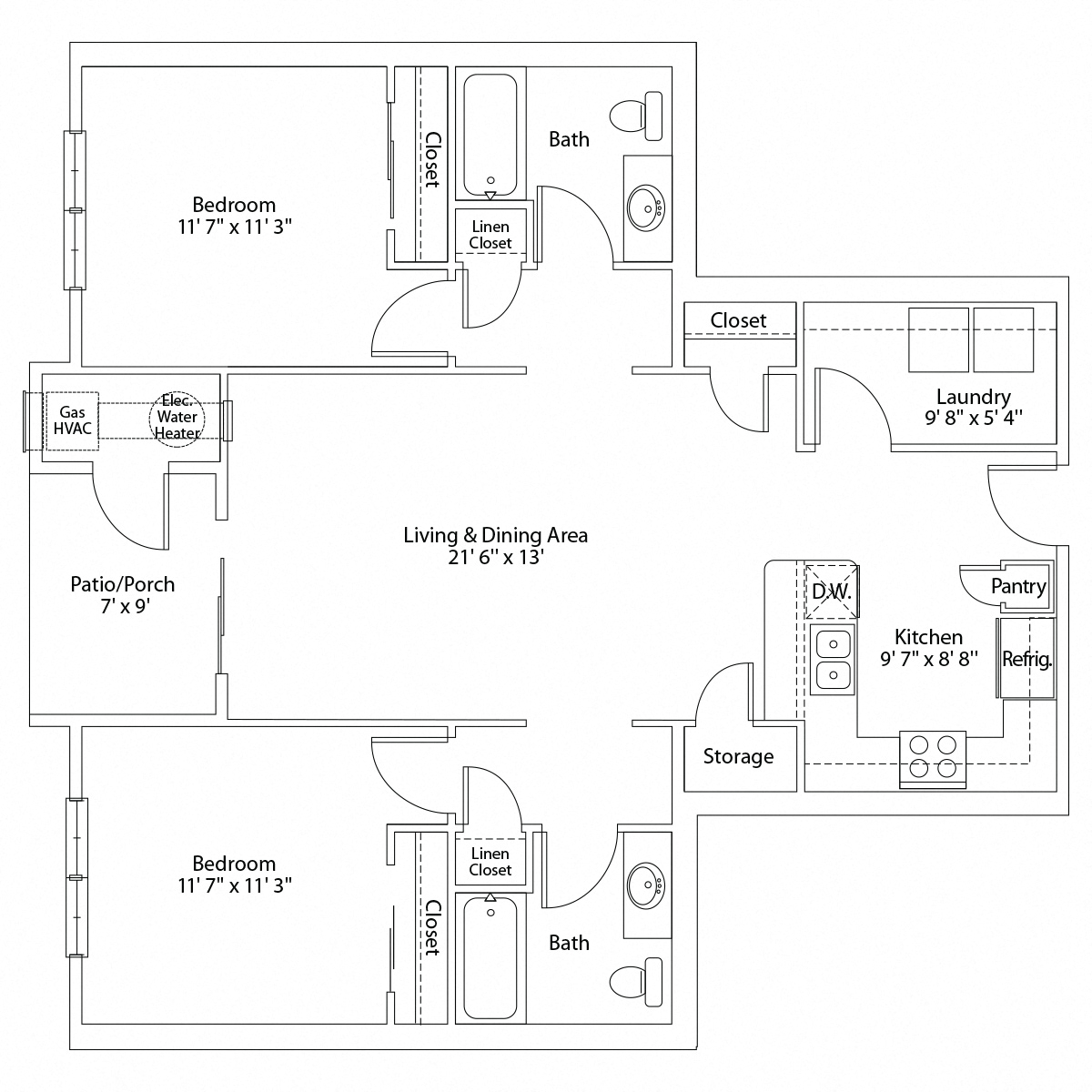 Floor plan for 2 beds, 2 baths, 1067 sqft