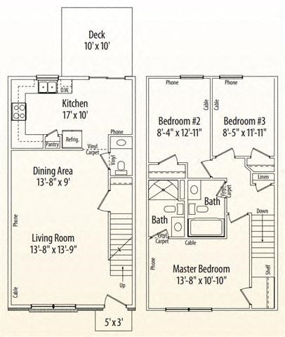 Floor plan for 3 beds, 2.5 baths, 1296 sqft