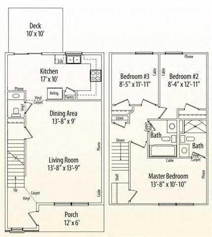 Floor plan for 3 beds, 2.5 baths, 1296 sqft