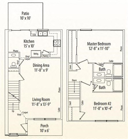 Floor plan for 2 beds, 2.5 baths, 1124 sqft