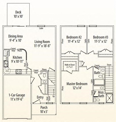 Floor plan for 3 beds, 2.5 baths, 1432 sqft