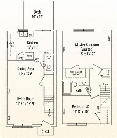 Floor plan for 2 beds, 1.5 baths, 1345 sqft