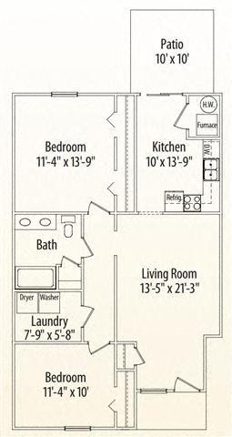 Floor plan for 2 beds, 1 bath, 962 sqft