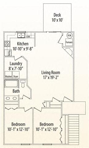 Floor plan for 2 beds, 1 bath, 981 sqft