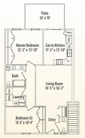 Floor plan for 2 beds, 1.5 baths, 1121 sqft