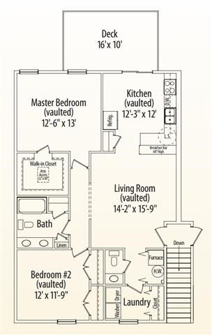 Floor plan for 2 beds, 1.5 baths, 1121 sqft
