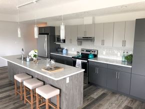 Brandon apartment for rent - a kitchen with a large island with three stools