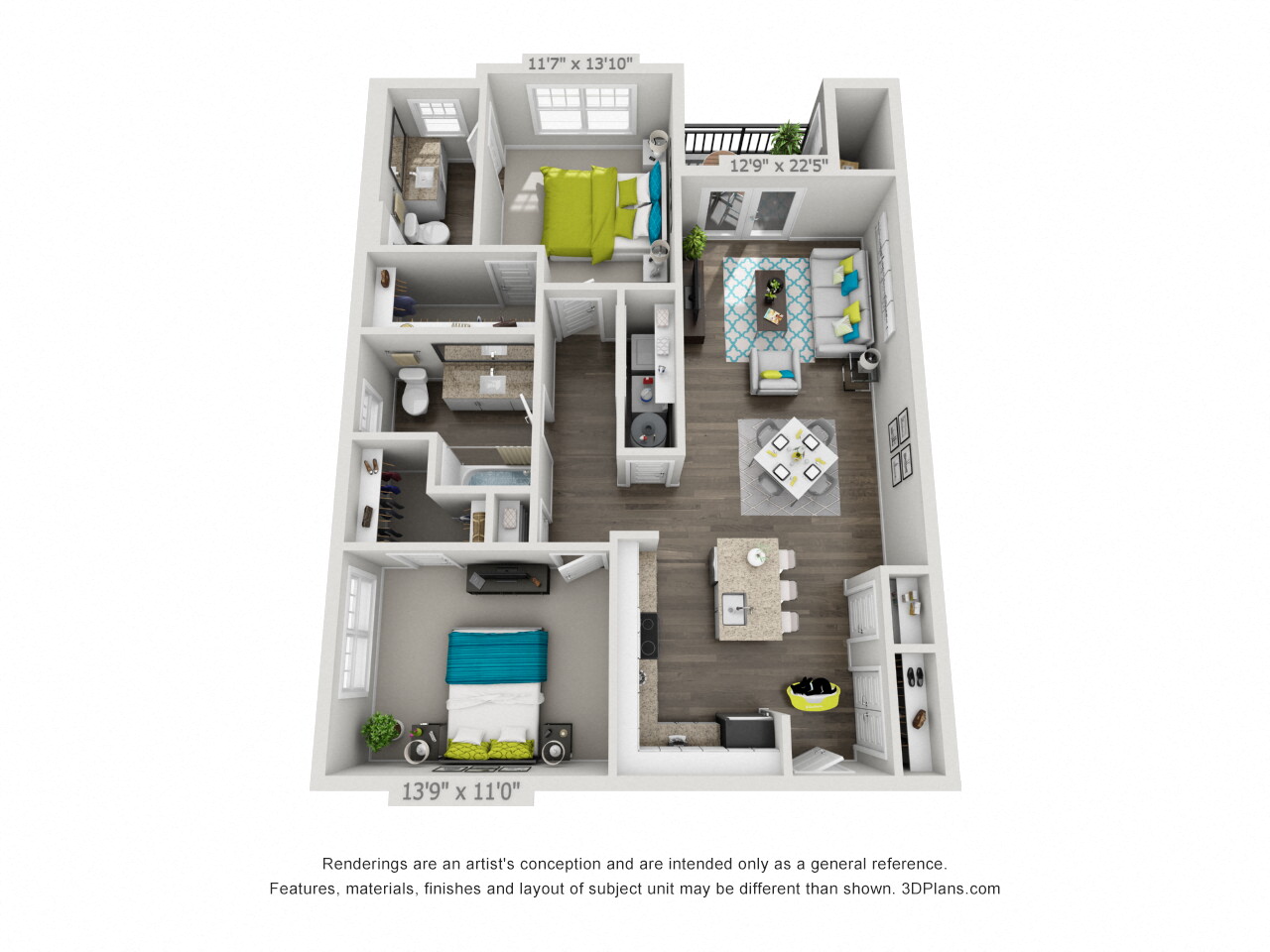 Floor plan for 2 beds, 2 baths, 1078 sqft