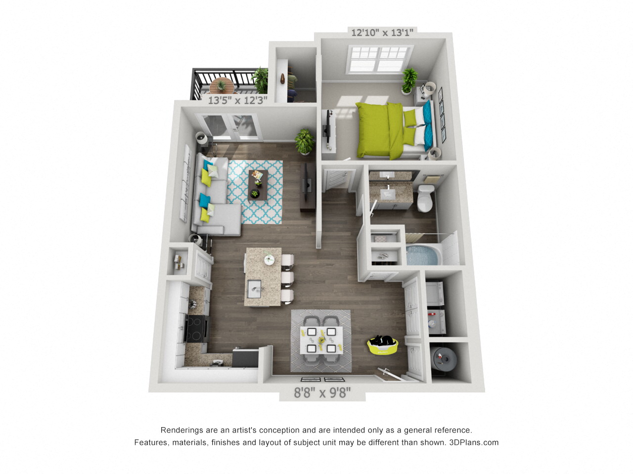 Floor plan for 1 bed, 1 bath, 776 sqft