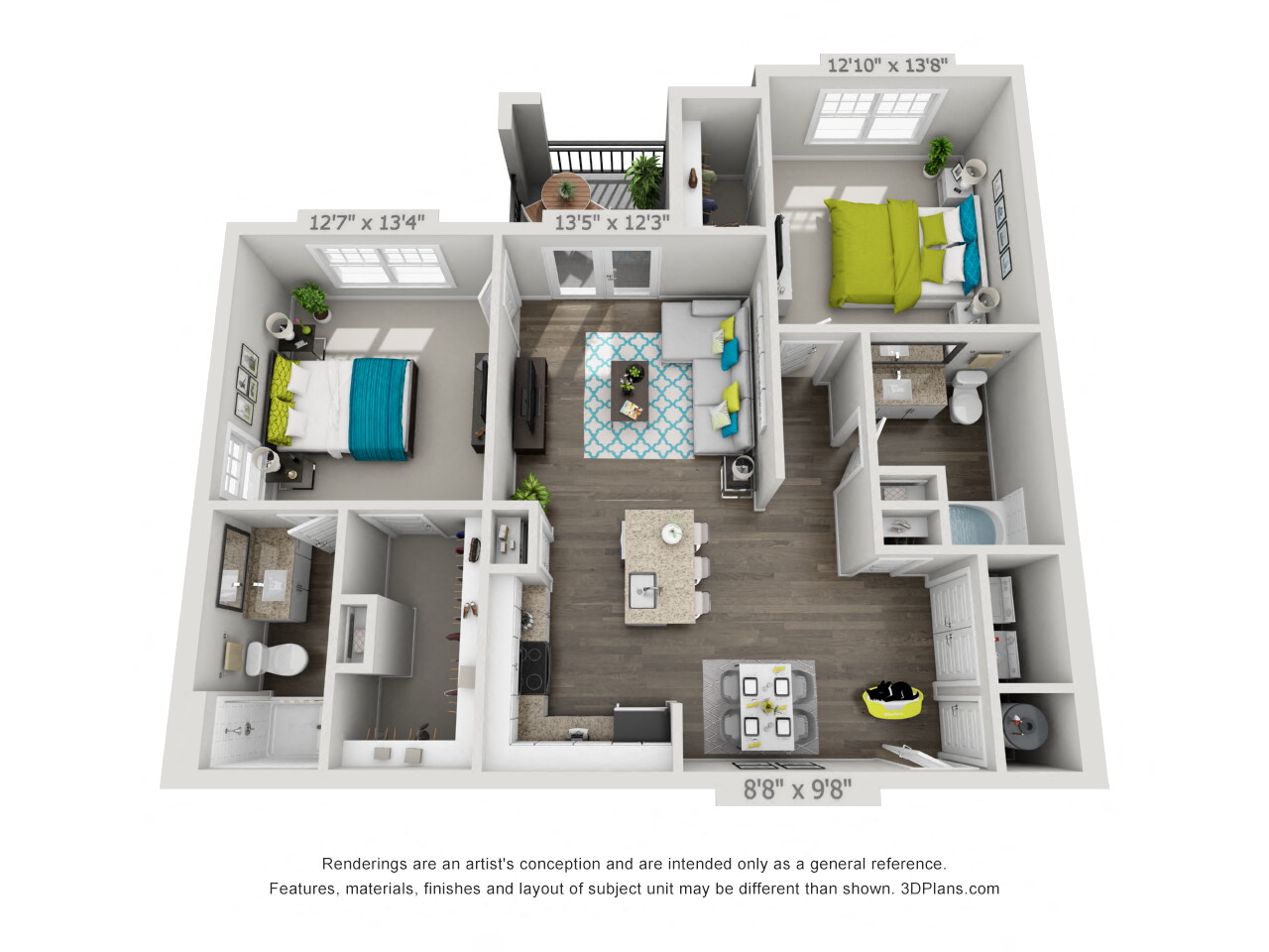 Floor plan for 2 beds, 2 baths, 1114 sqft