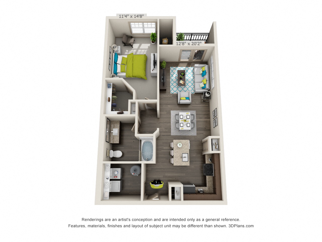 Floor plan for 1 bed, 1 bath, 849 sqft