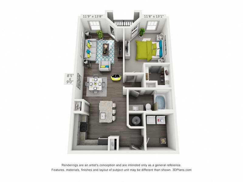 Floor plan for 1 bed, 1 bath, 880 sqft