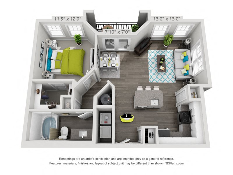 Floor plan for 1 bed, 1 bath, 830 sqft