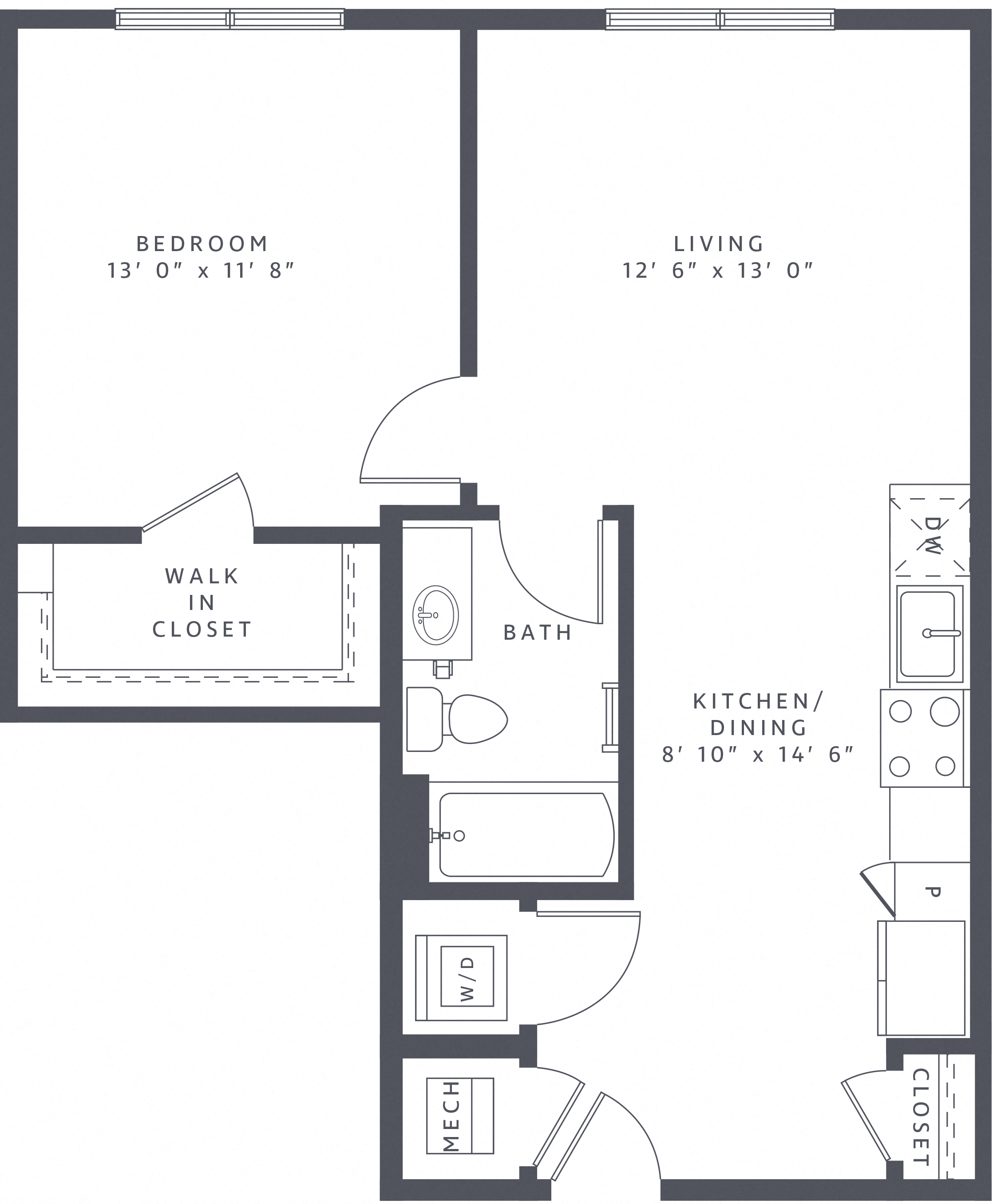 Floor plan for 1 bed, 1 bath, 684 sqft