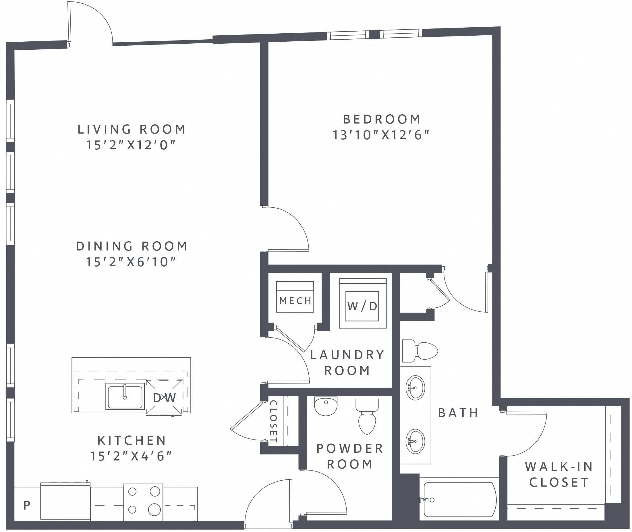Floor plan for 1 bed, 1.5 baths, 986 sqft