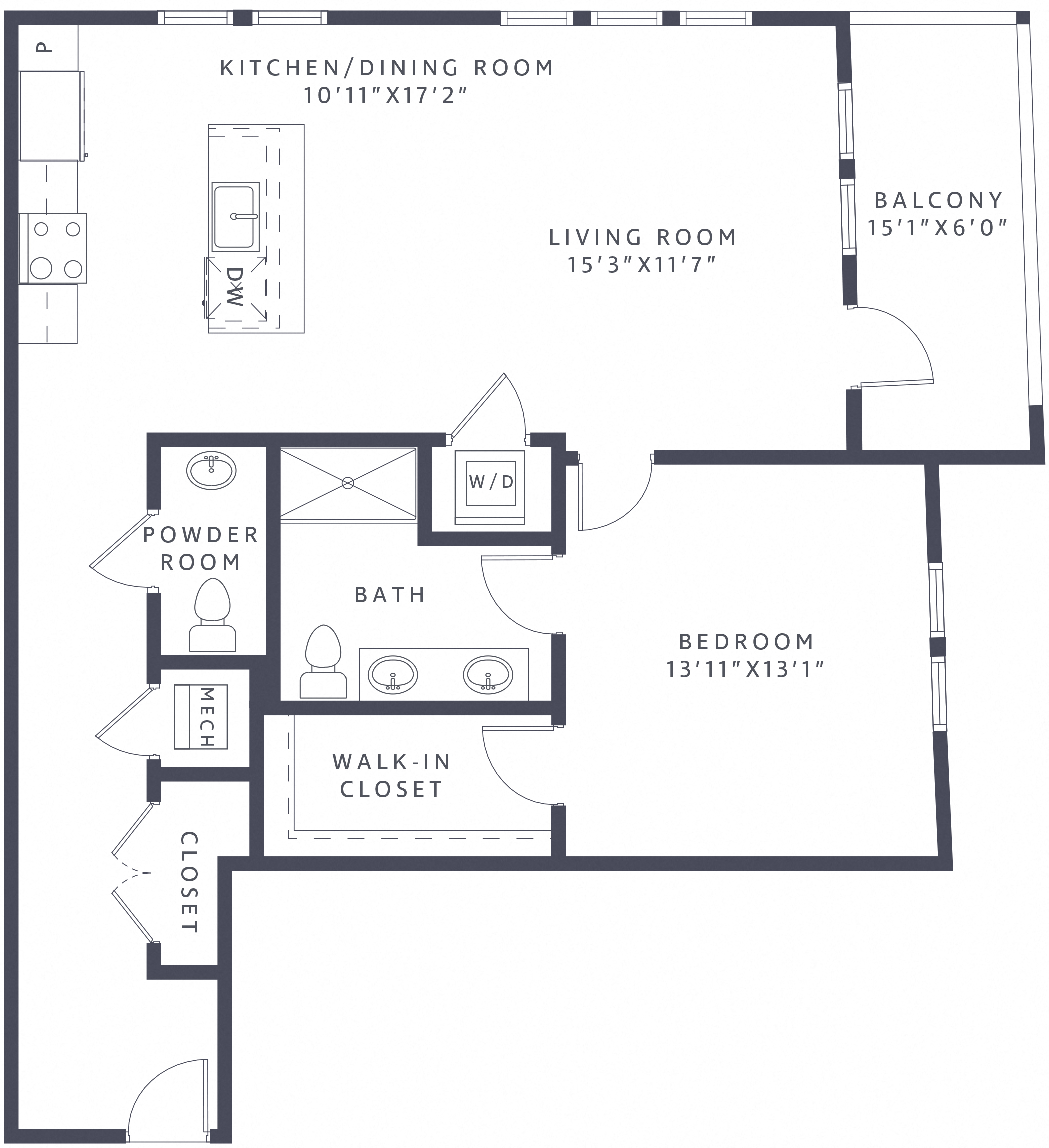 Floor plan for 1 bed, 1.5 baths, 1040 sqft