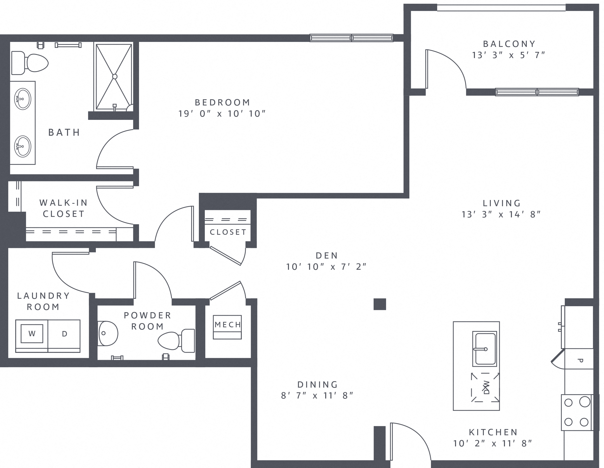 Floor plan for 1 bed, 1.5 baths, 1164 sqft