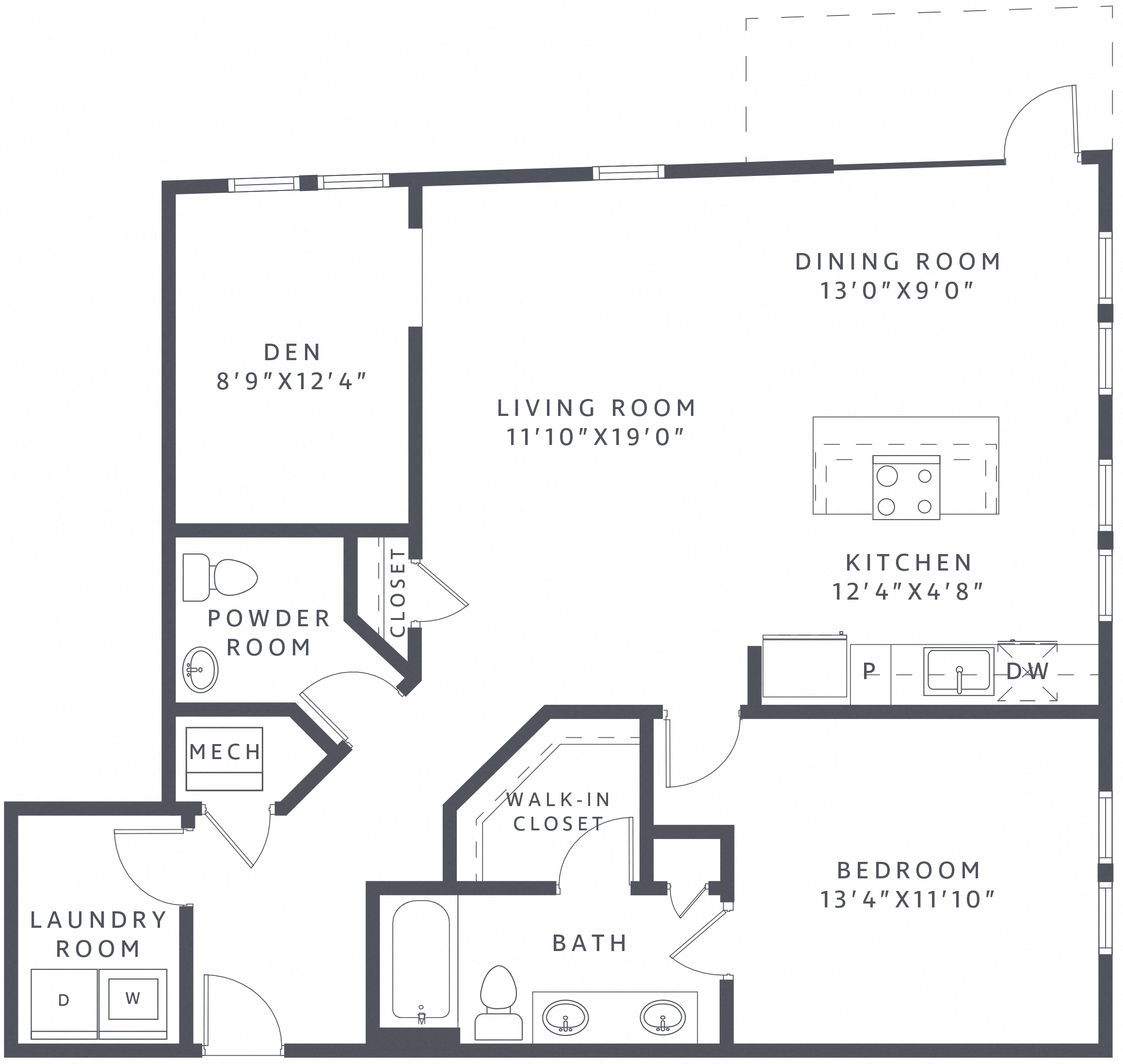 Floor plan for 1 bed, 1.5 baths, 1193 sqft