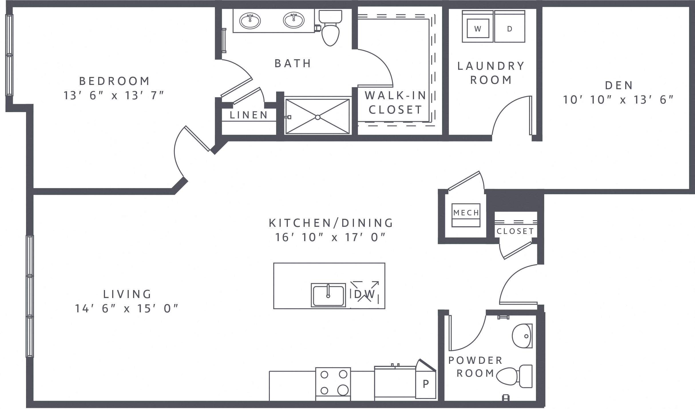 Floor plan for 1 bed, 1.5 baths, 1316 sqft