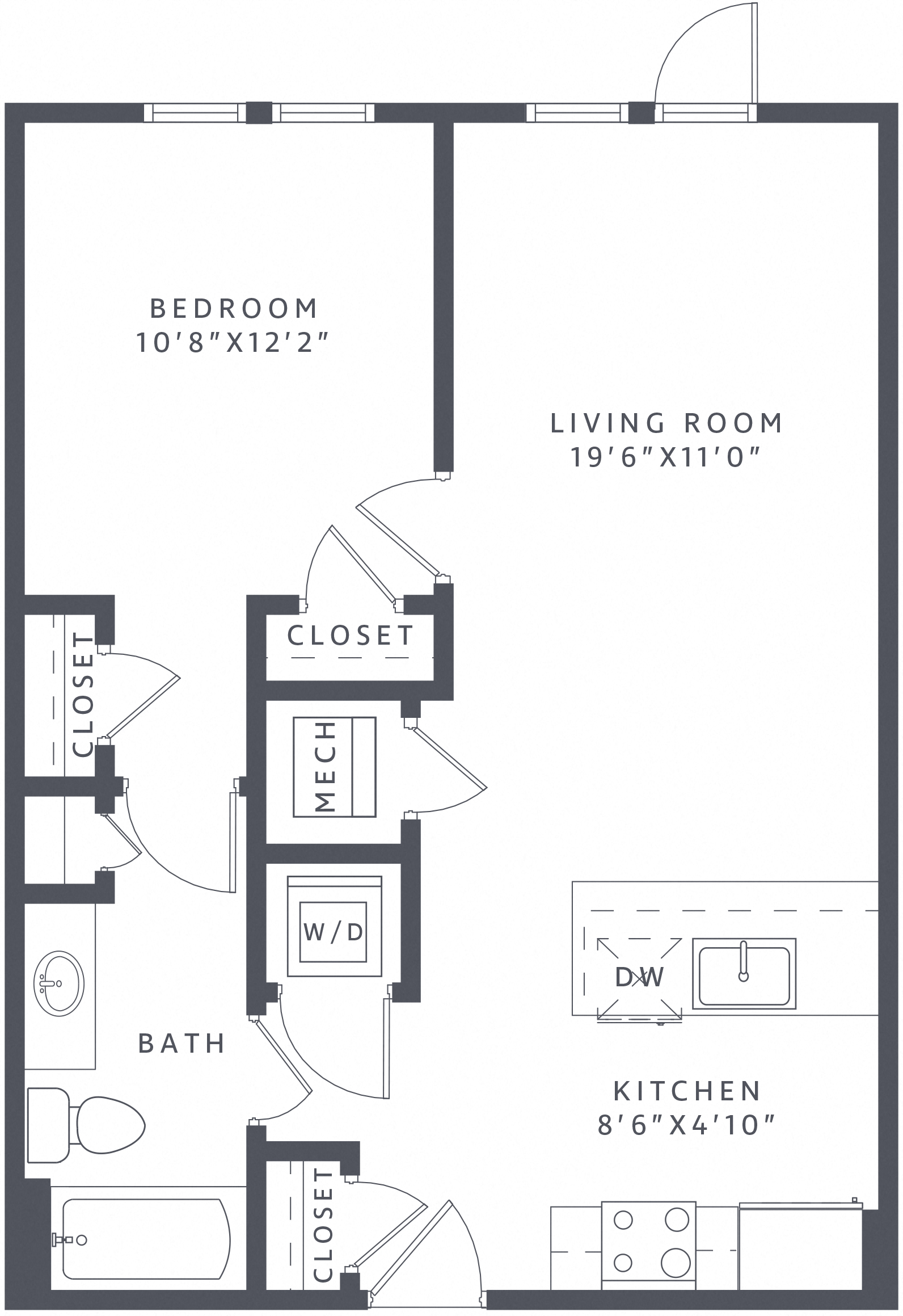 Floor plan for 1 bed, 1 bath, 713 sqft