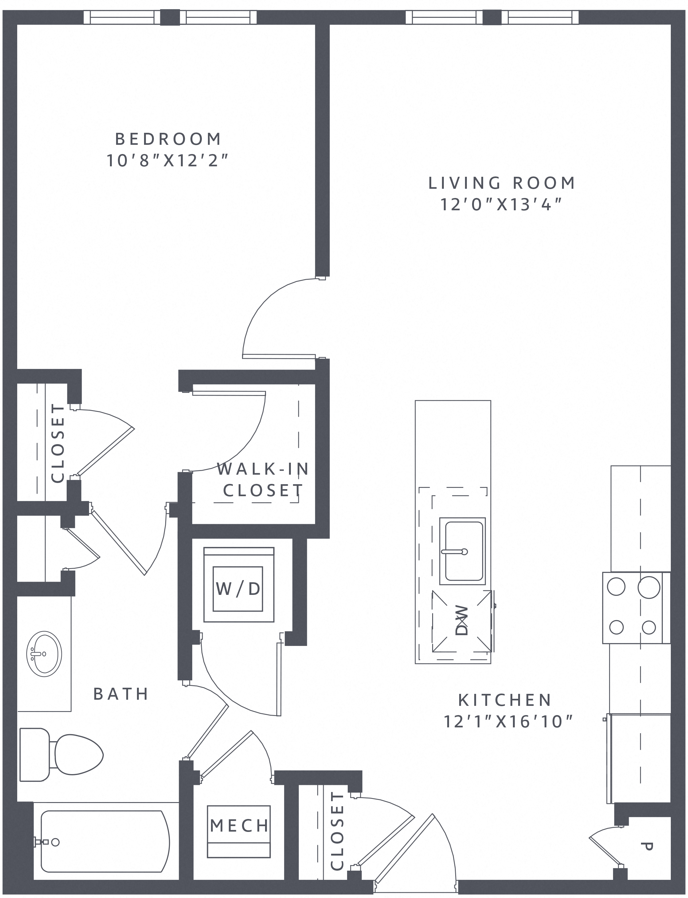 Floor plan for 1 bed, 1 bath, 744 sqft