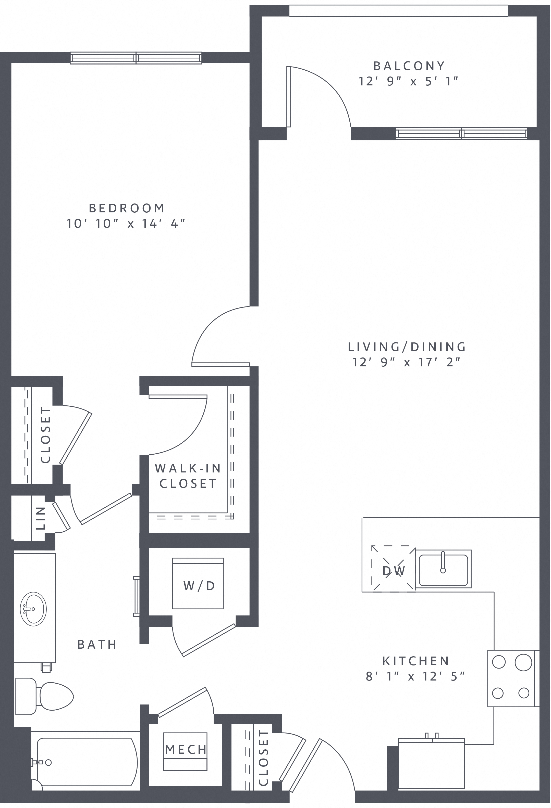 Floor plan for 1 bed, 1 bath, 804 sqft