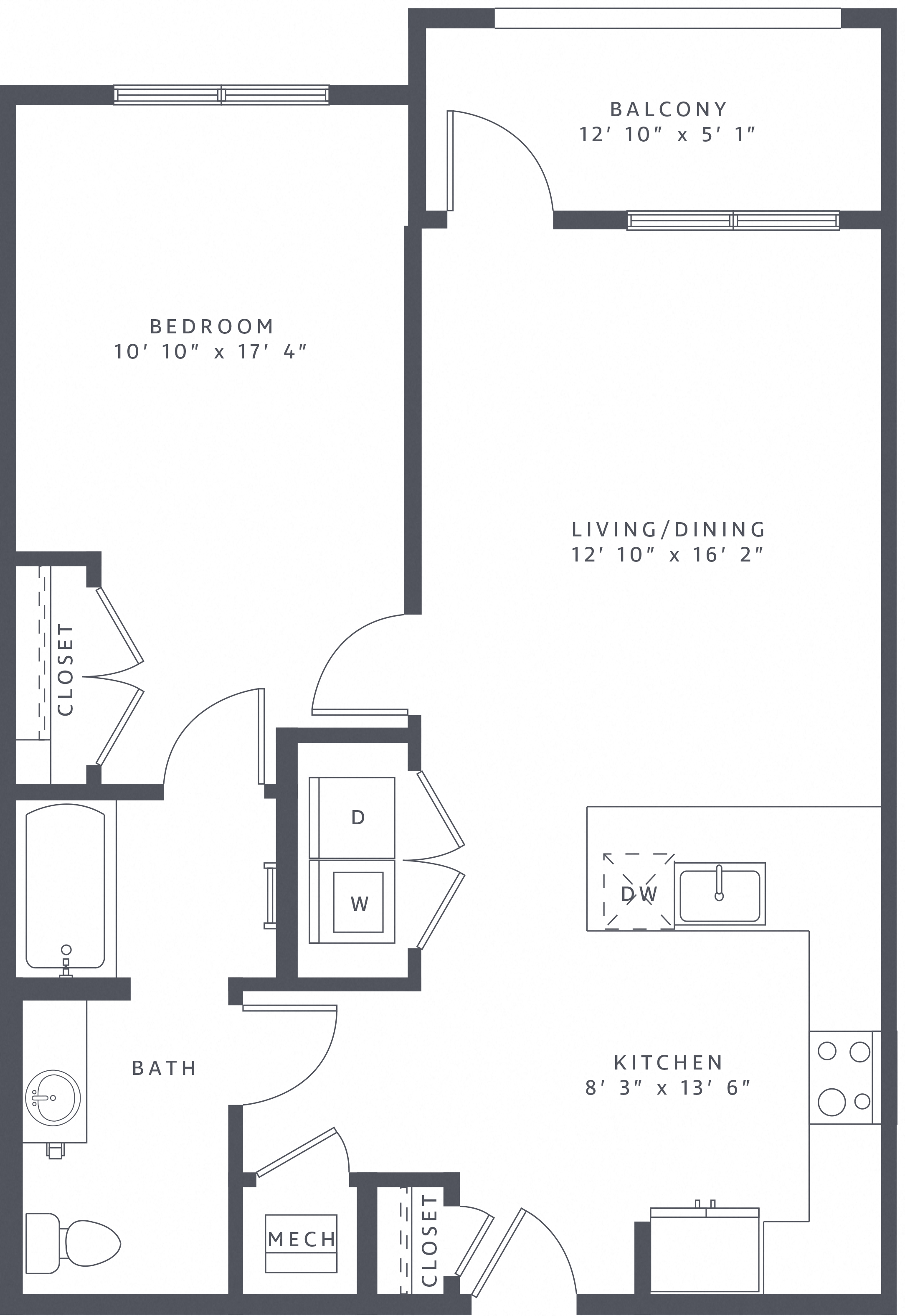 Floor plan for 1 bed, 1 bath, 804 sqft