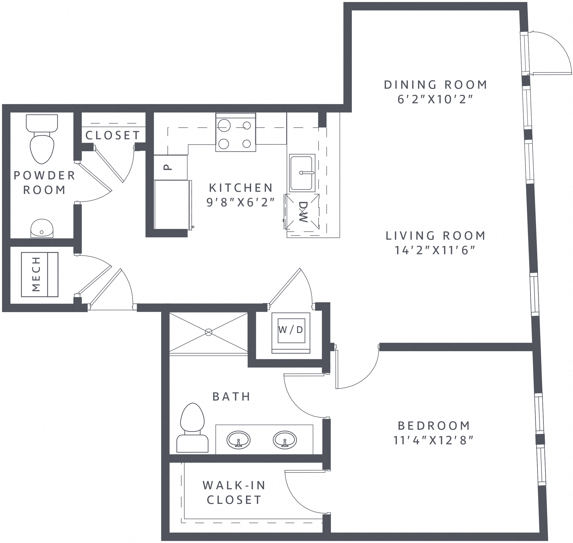 Floor plan for 1 bed, 1.5 baths, 827 sqft