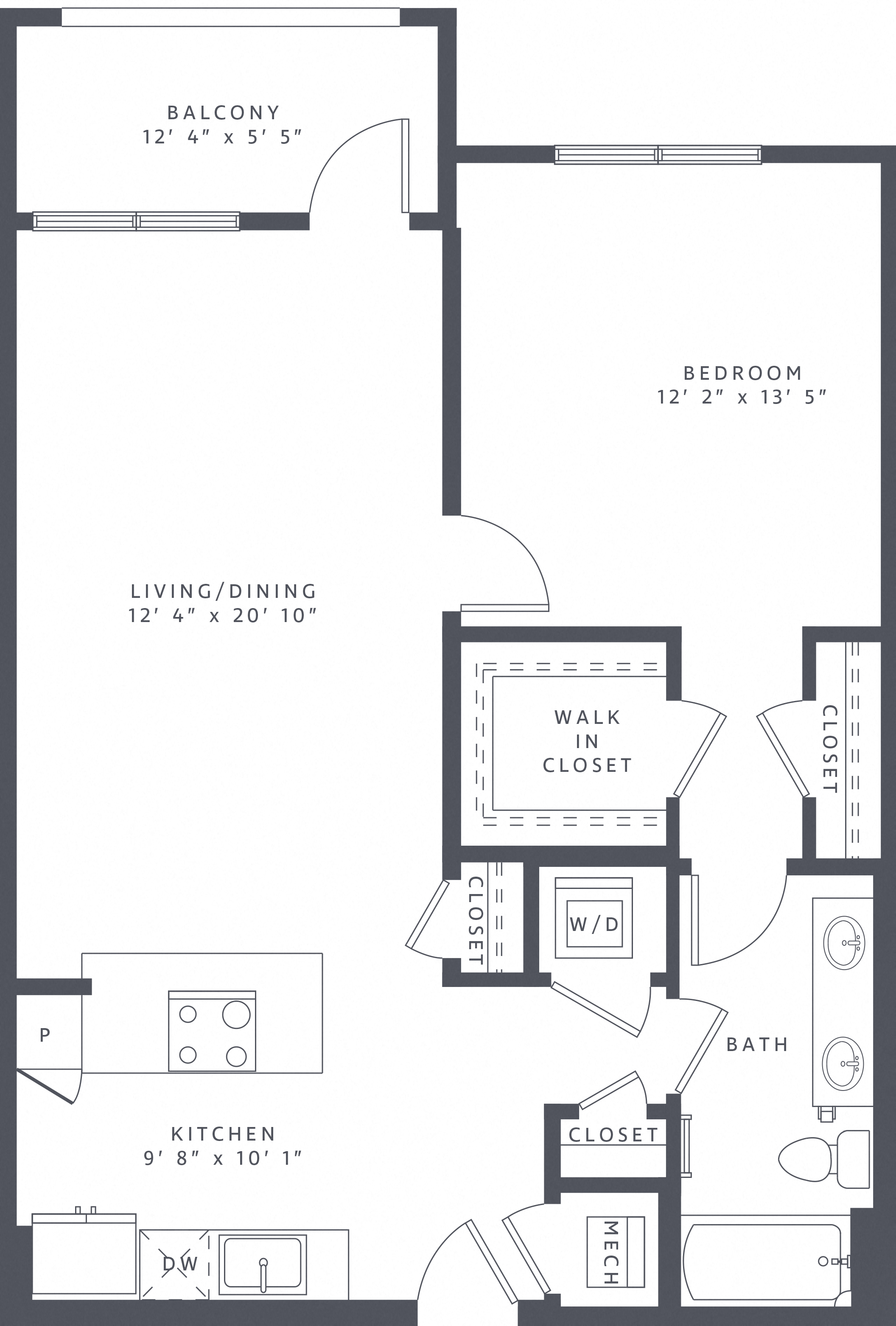 Floor plan for 1 bed, 1 bath, 859 sqft