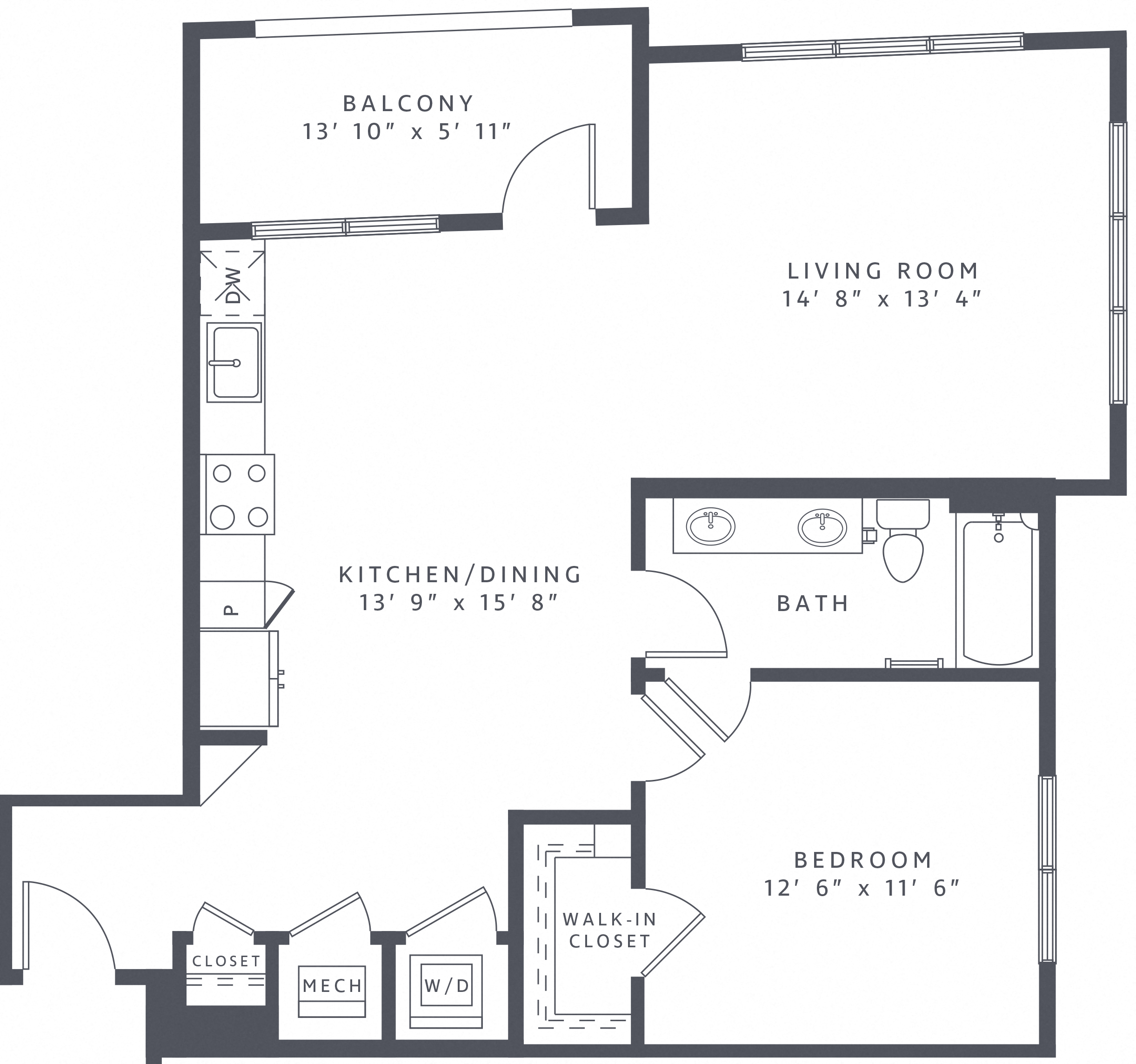Floor plan for 1 bed, 1 bath, 869 sqft