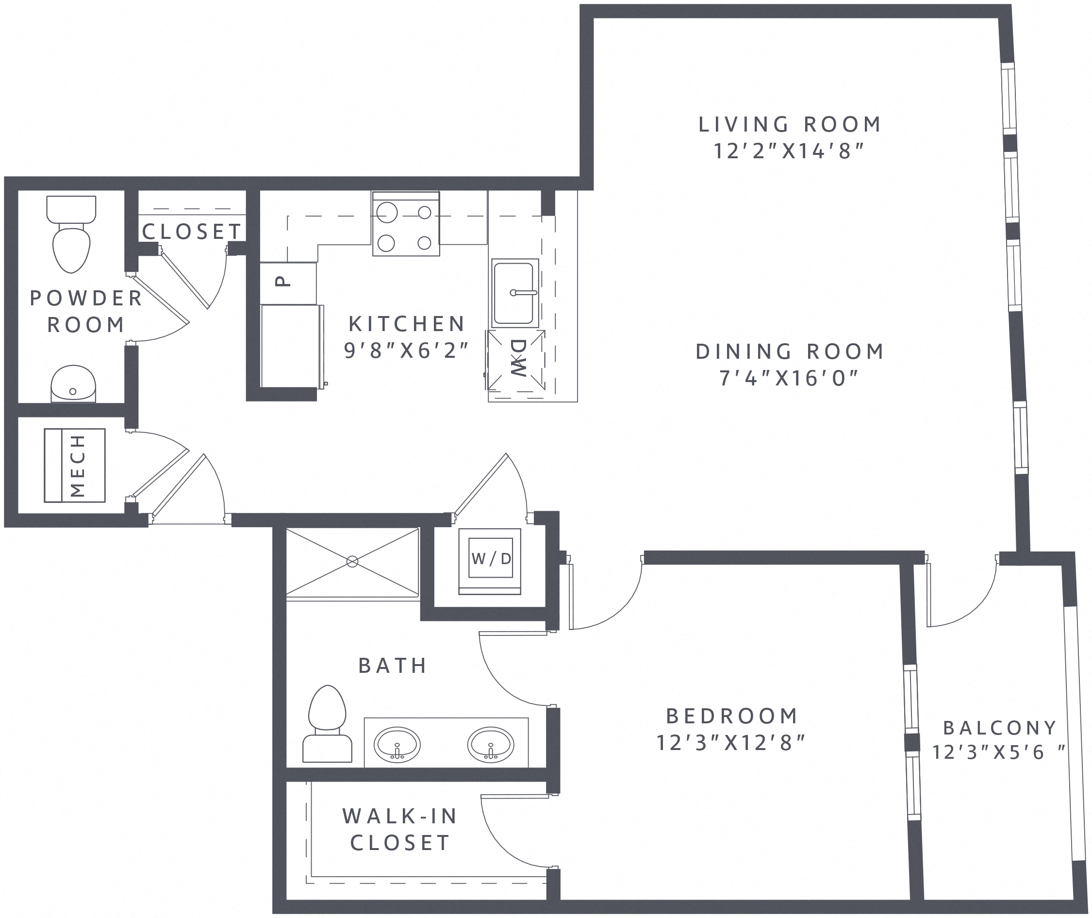 Floor plan for 1 bed, 1.5 baths, 916 sqft