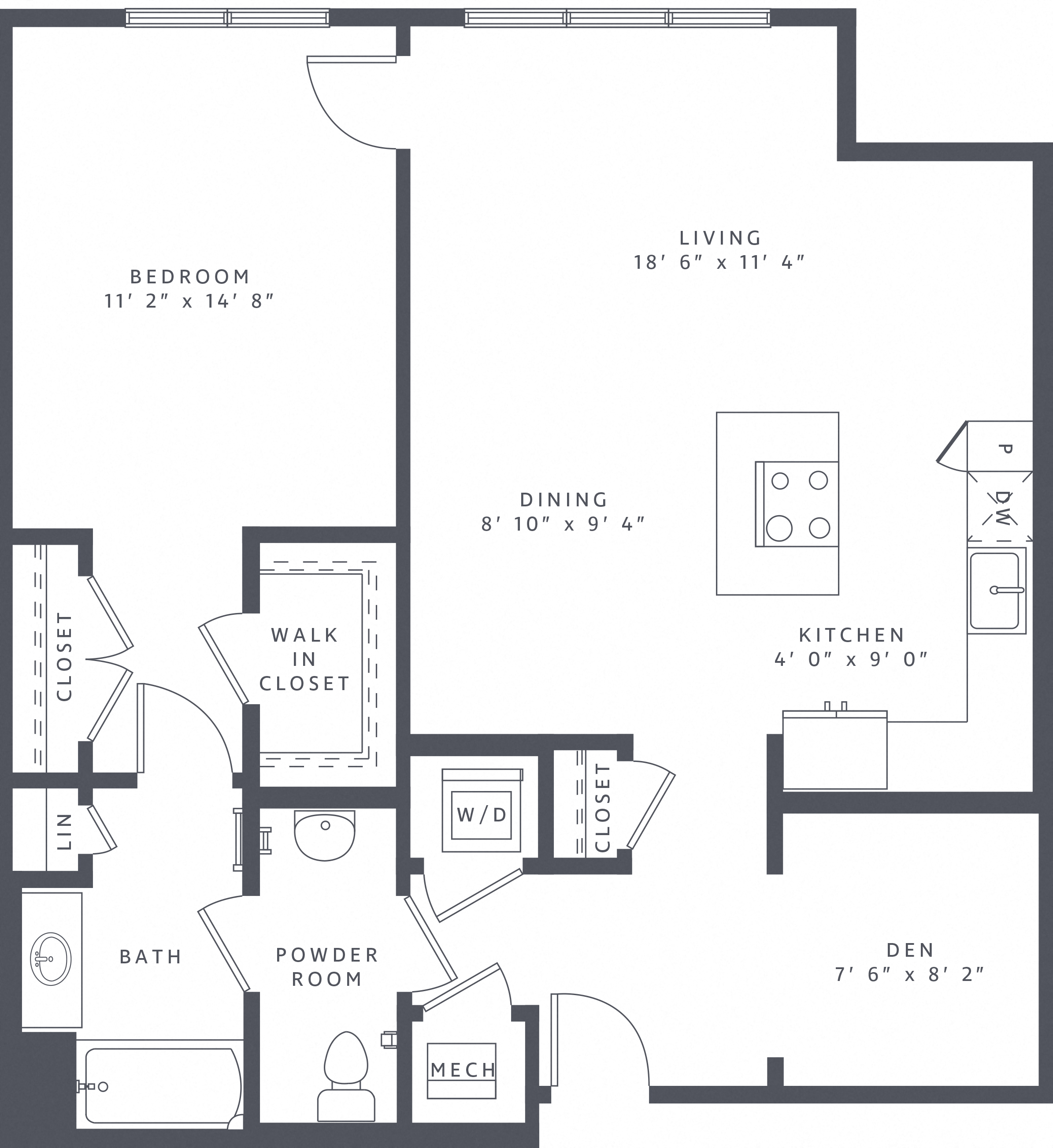 Floor plan for 1 bed, 1.5 baths, 988 sqft