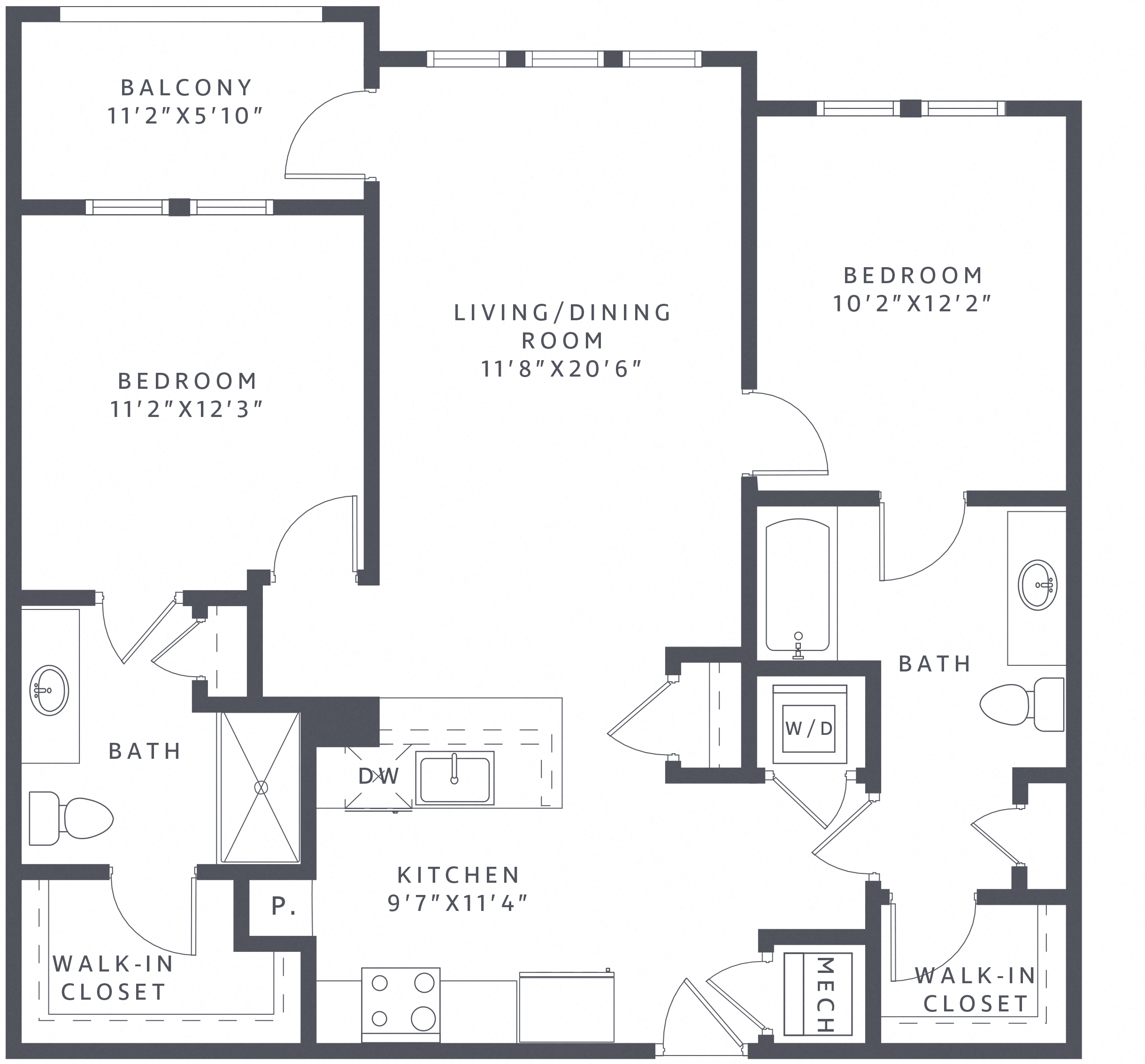 Floor plan for 2 beds, 2 baths, 1071 sqft