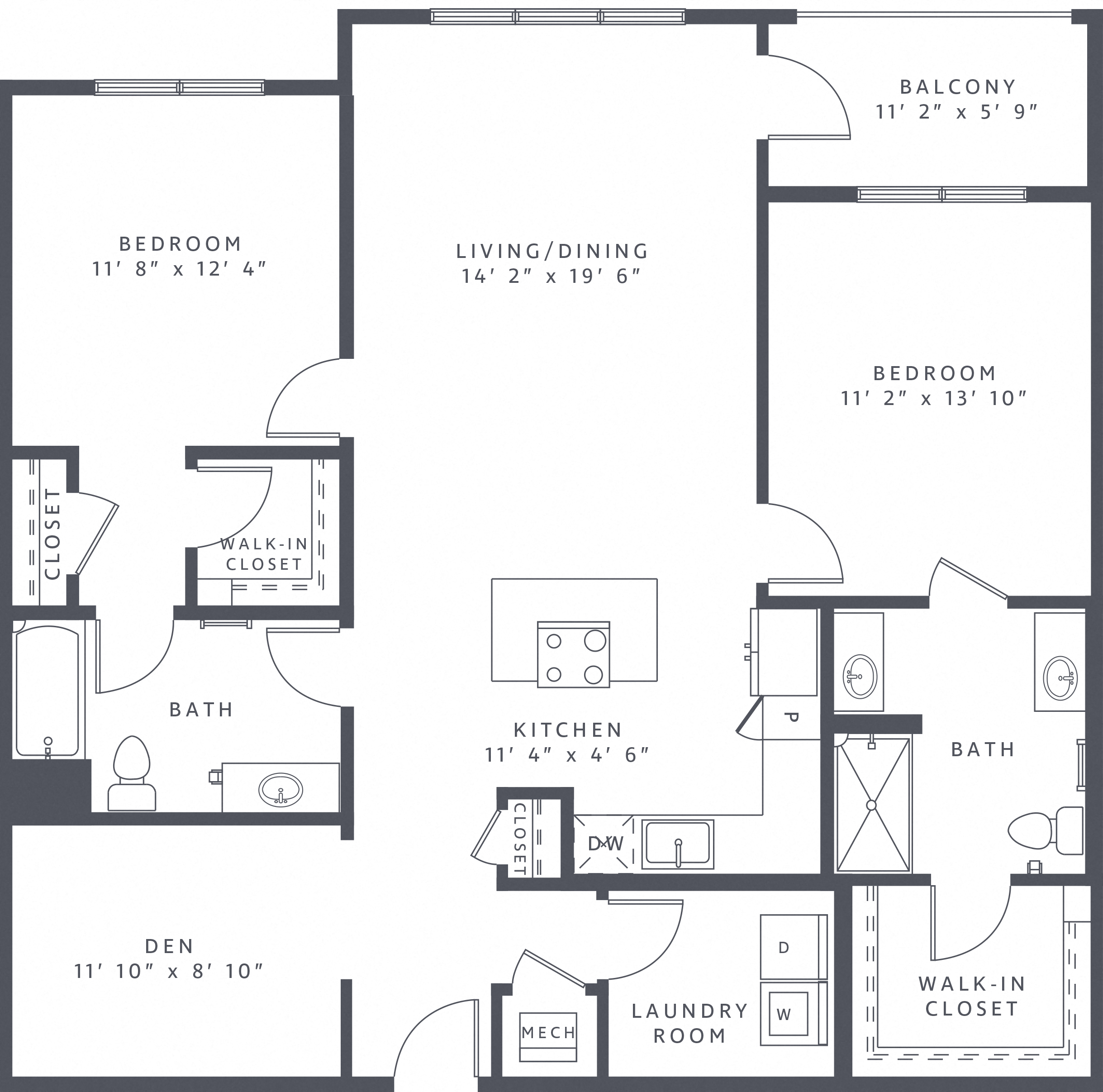 Floor plan for 2 beds, 2 baths, 1378 sqft