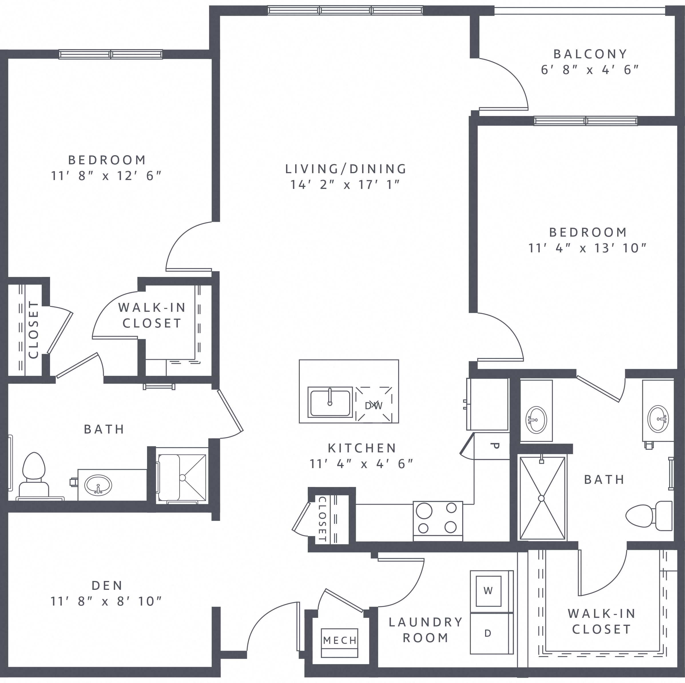 Floor plan for 2 beds, 2 baths, 1378 sqft