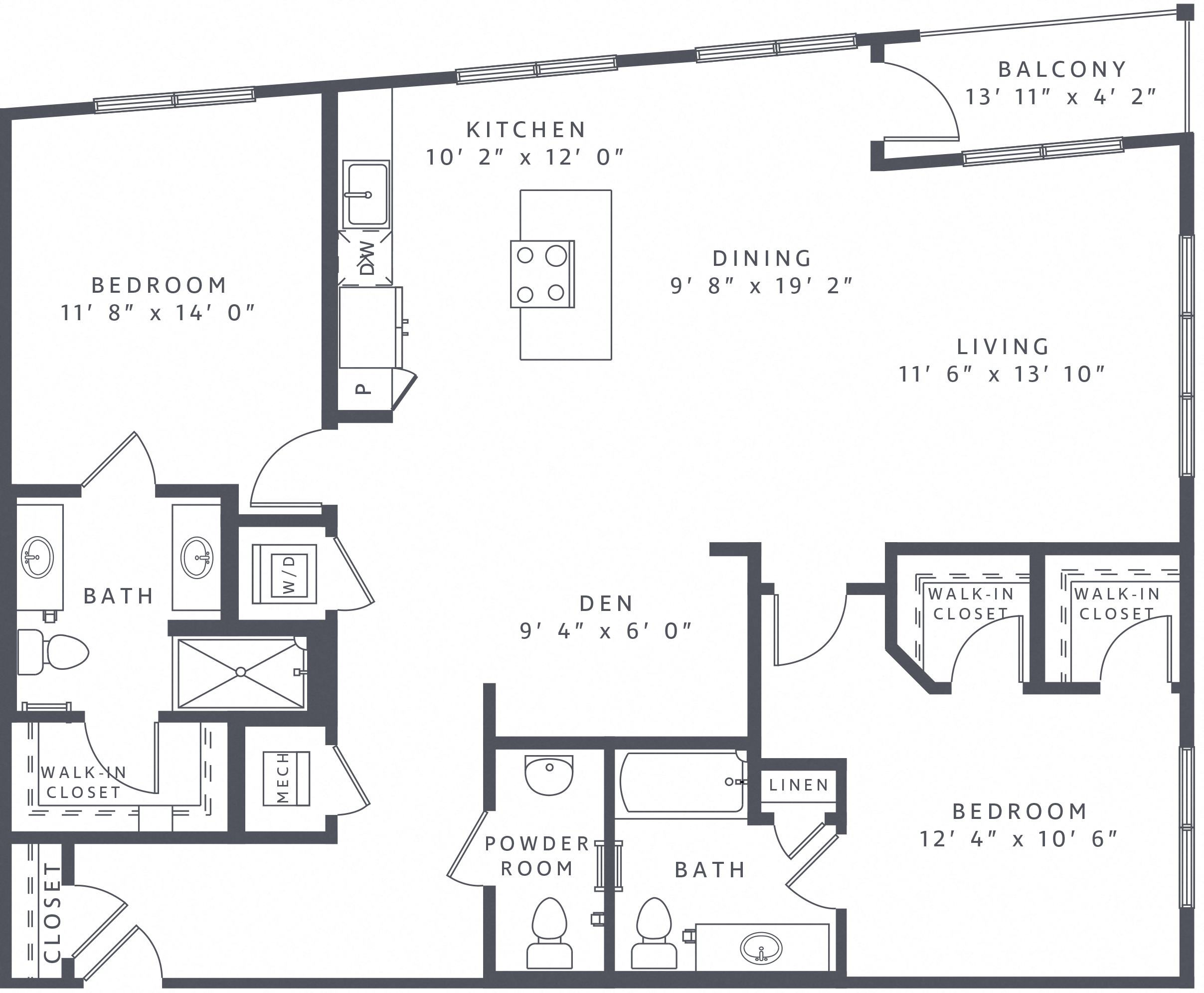 Floor plan for 2 beds, 2.5 baths, 1492 sqft