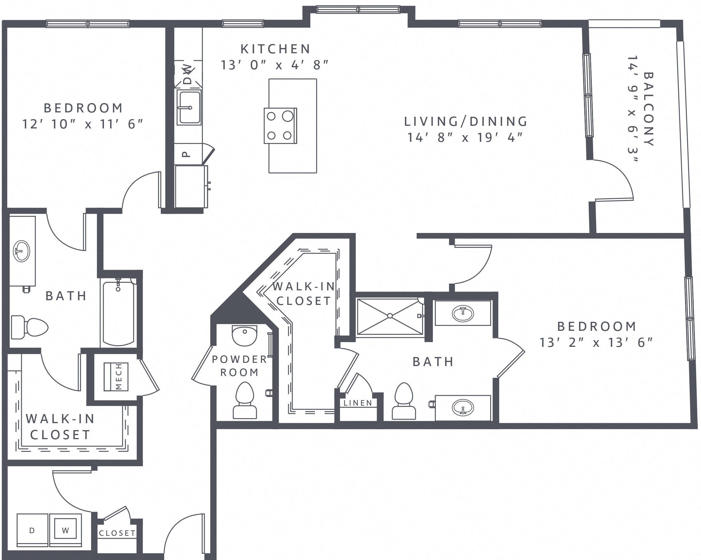 Floor plan for 2 beds, 2.5 baths, 1497 sqft