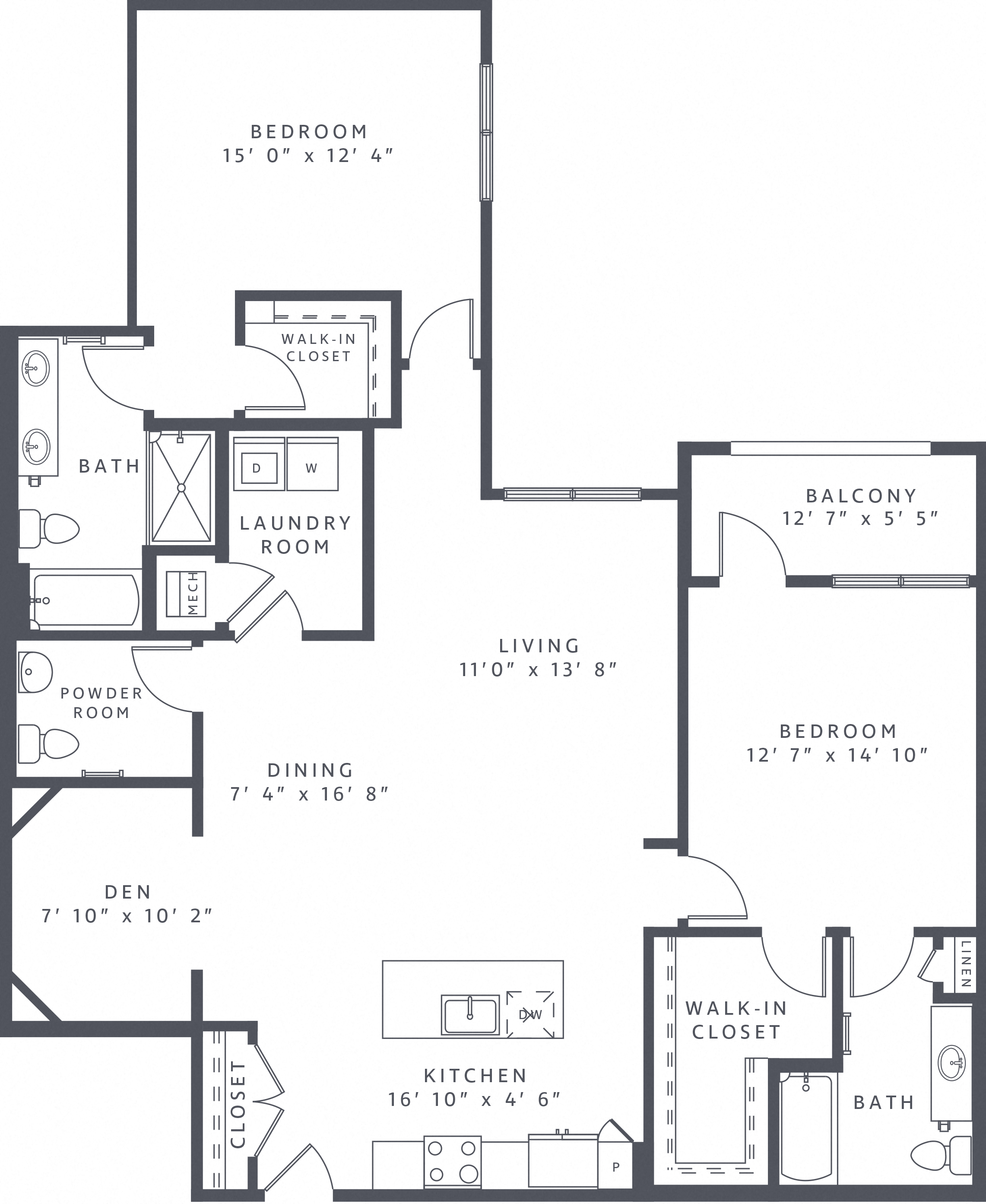 Floor plan for 2 beds, 2.5 baths, 1591 sqft