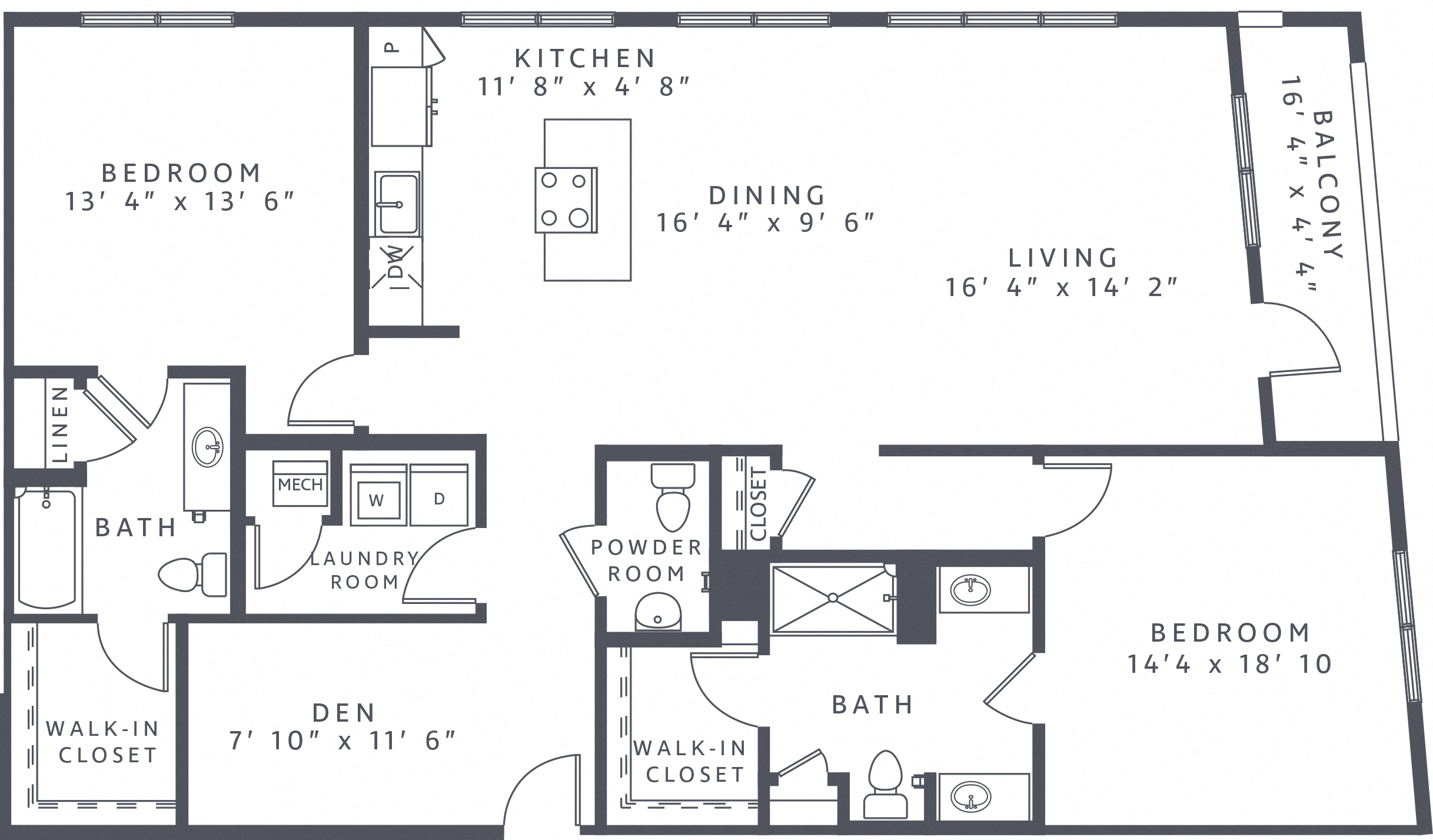 Floor plan for 2 beds, 2.5 baths, 1672 sqft